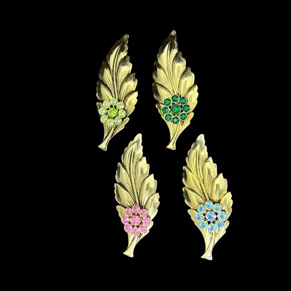 Unbranded Jewelry - Vintage Lot Of Gold Tone And Rhinestone Leaf Brooches (3469)